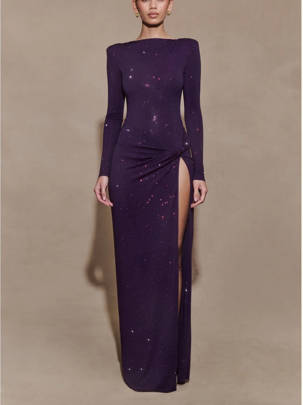 Meshki Deanna Diamante Deep Purple Long-Sleeve Sparkle Gown with High Thigh Slit